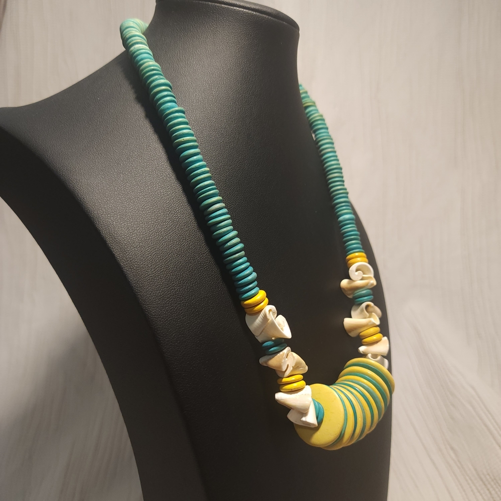 Handcrafted Turquoise & Yellow Bead Necklace with Shell Accents